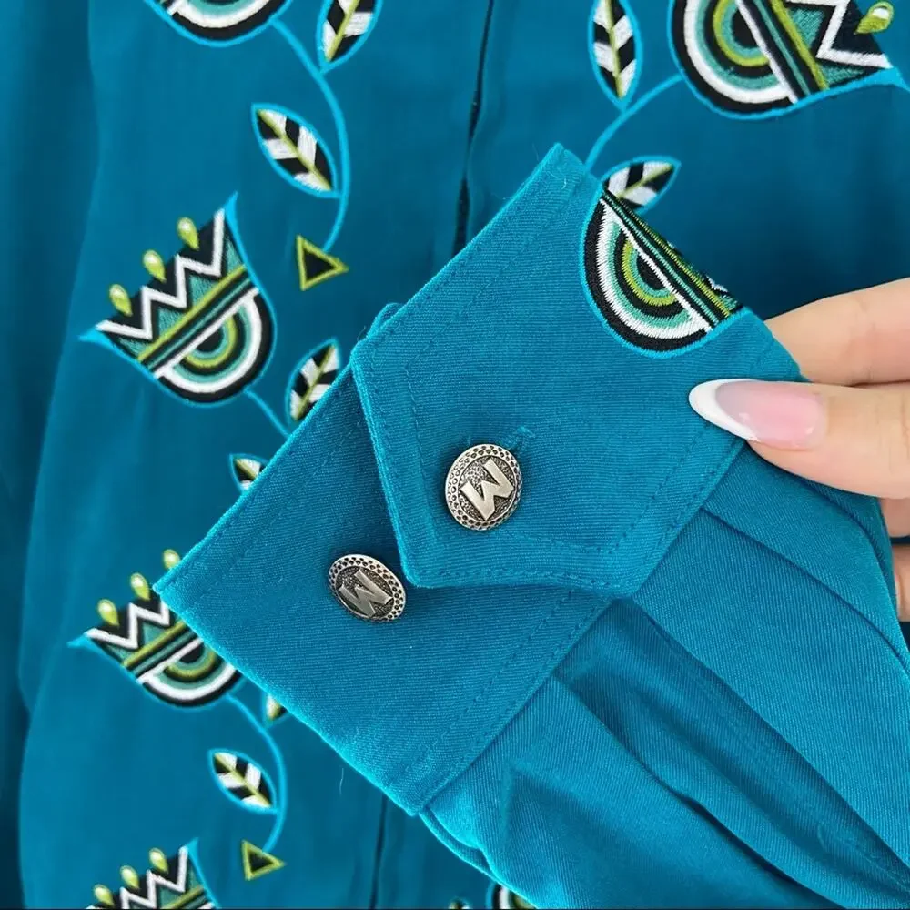 Bob Mackie L Wearable Art Teal Embroidered Floral Zip Lightweight Jacket